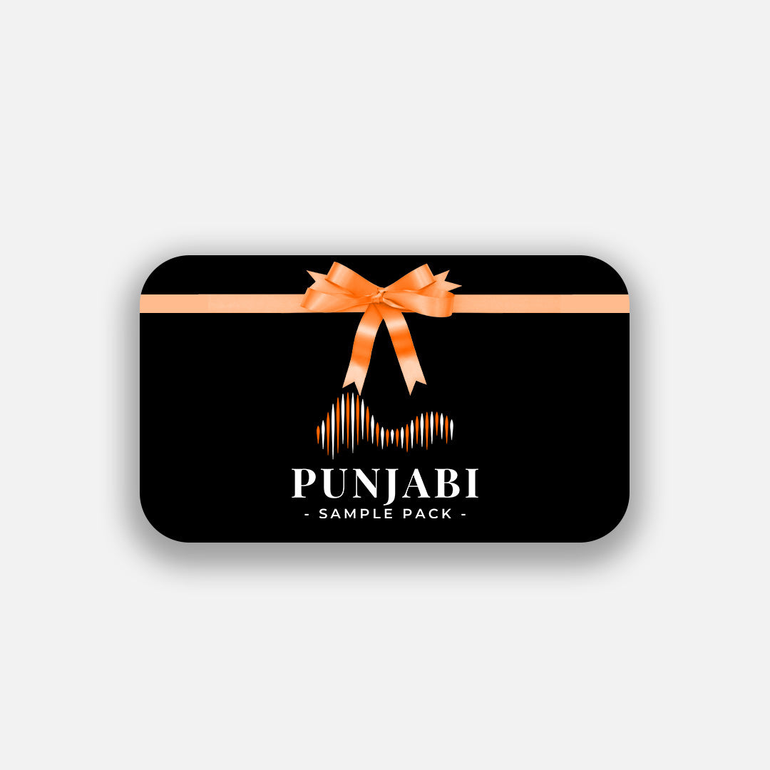 Black and orange gift card with a ribbon and the Punjabi Music logo displayed in the center.
