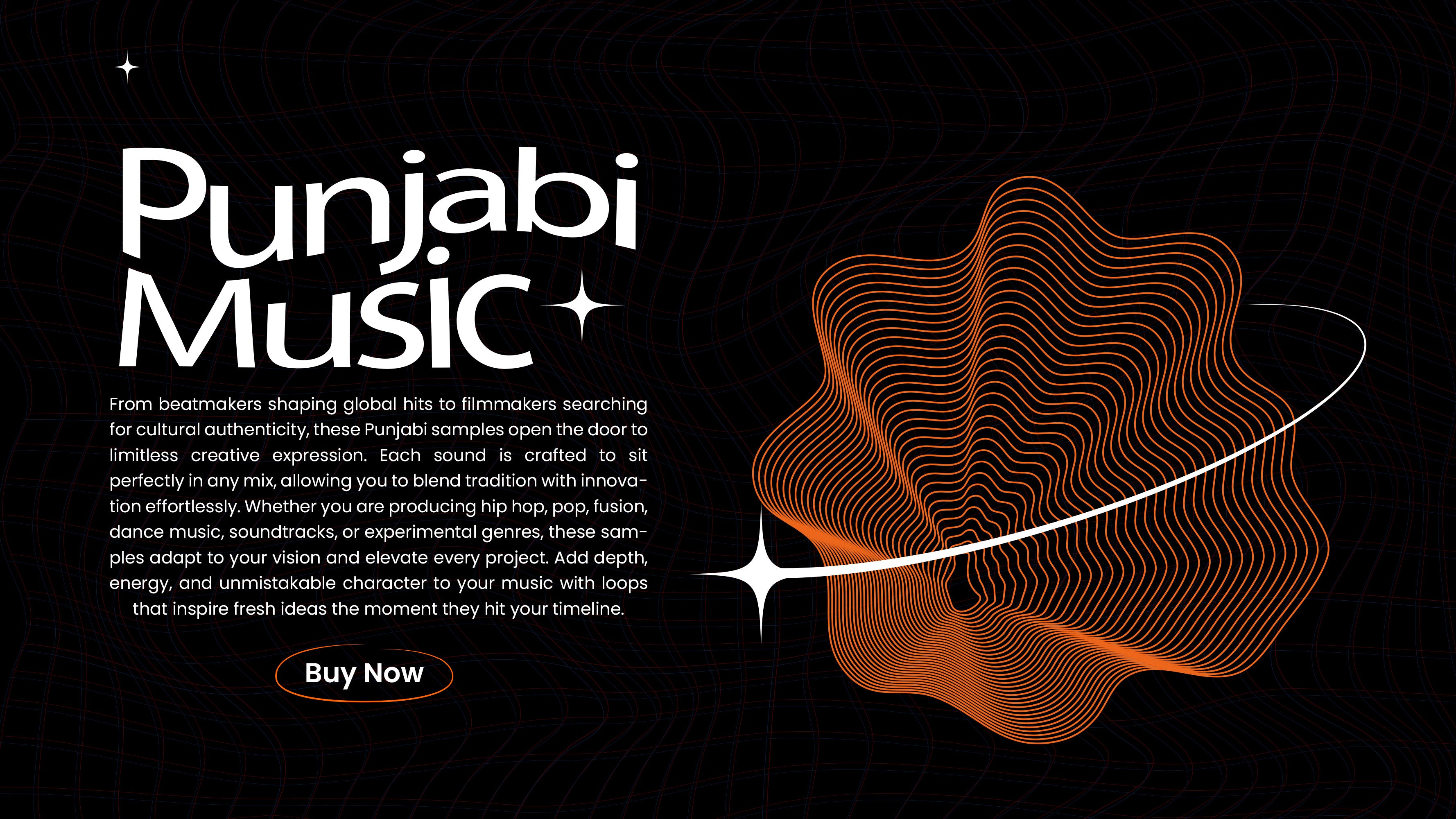 Punjabi Music promotional design with abstract orange soundwave lines and text describing the cultural authenticity and creative potential of Punjabi music samples.